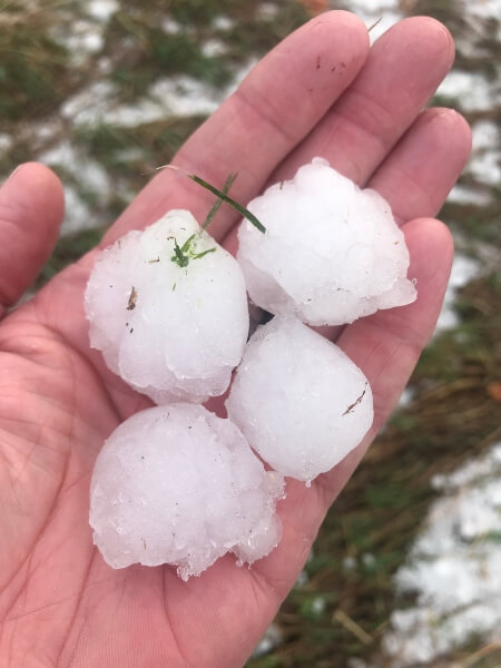 A homeowner holds ice balls in their hand. 