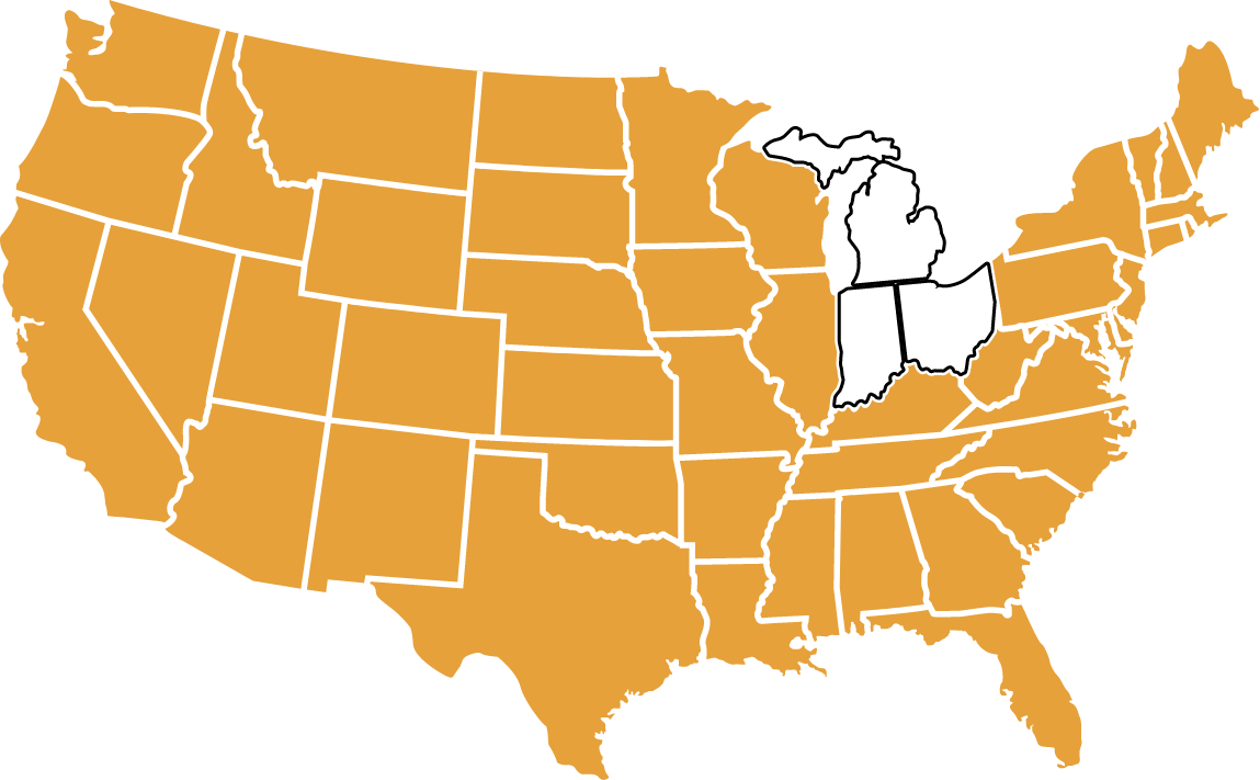 Outlined map of united states with Michigan, Indiana and Ohio outlined. Marking service area